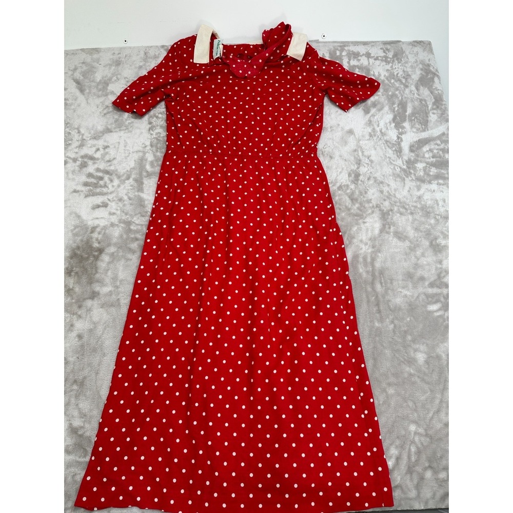 Vtg Willow Ridge Red Polka Dot Rayon Midi Dress USA Made Side Buttons Retro 10
